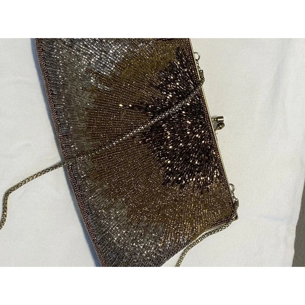 Silver, Bronze, Gold Beaded Party Purse w/Snap Kiss Closure Vintage